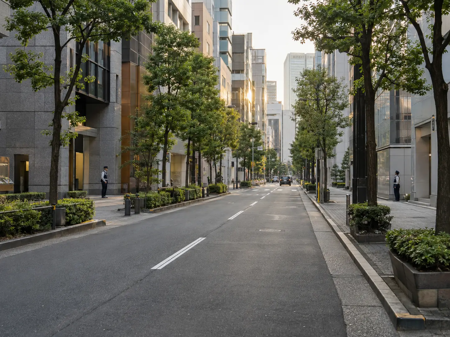 朝の街路に立つ警備隊員（生成AIによるイメージ）