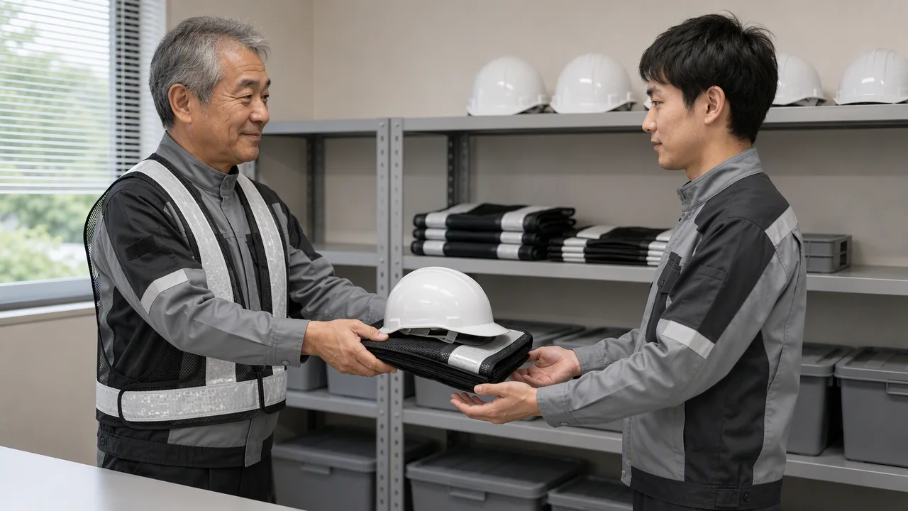 装備室で白いヘルメットとベストを手渡す隊員（生成AIによるイメージ）